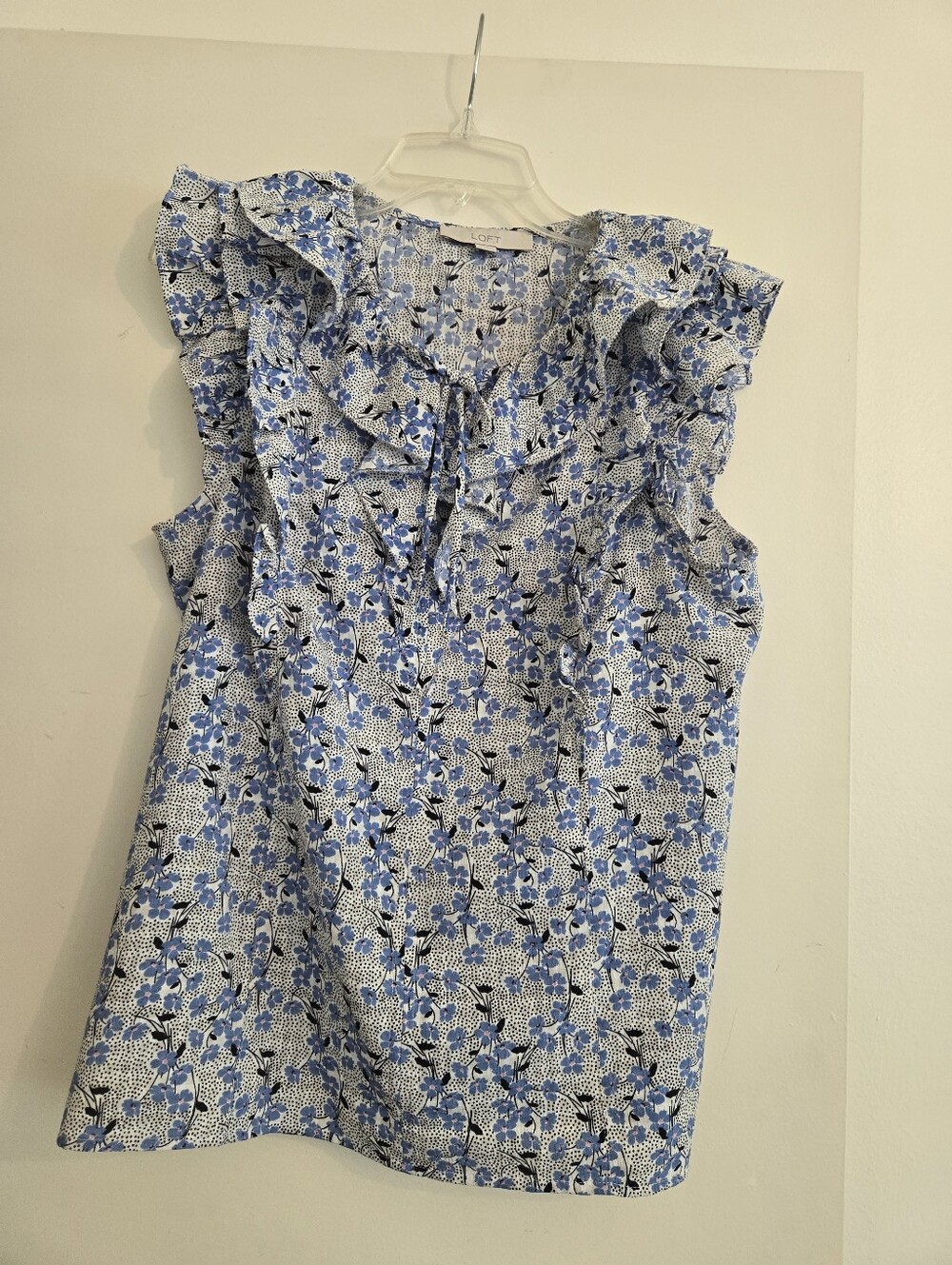 LOFT Sleeveless Ruffle Floral Blouse - Blue and White